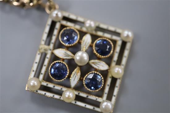 An early 20th century yellow metal, sapphire, enamel and seed pearl pendant, on a yellow metal chain, 25mm.